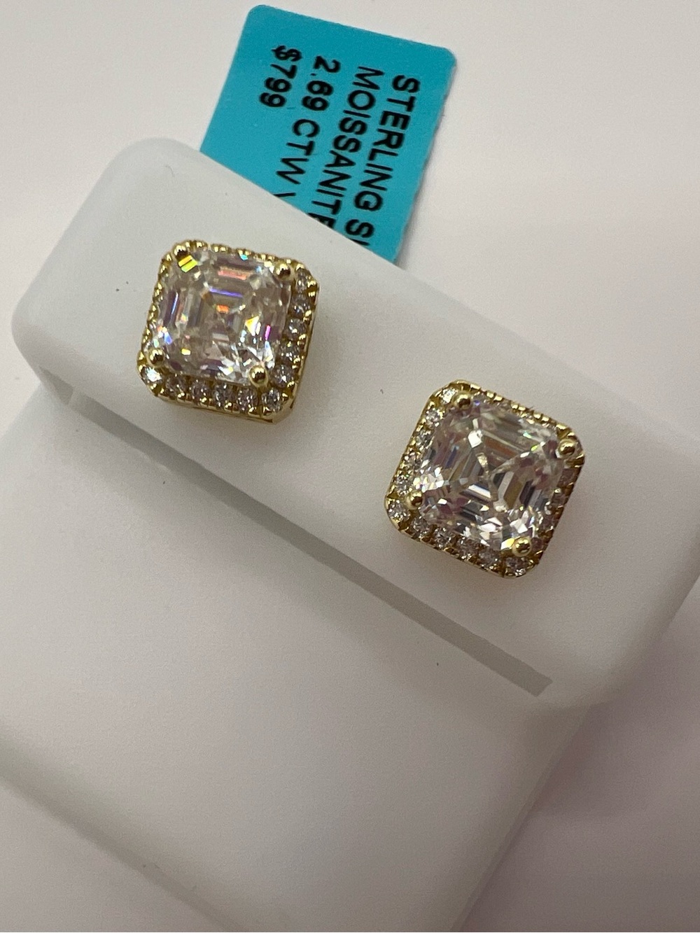 Asscher Cut Moissanite Halo Stud Earrings in gold vermeil over Sterling silver